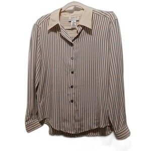 Talbots Petites Silk Blouse Shirt Button Up Striped Long Sleeve Beige Size‎ 8